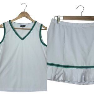 POGUES Sz Medium Athletic Outfit Skirt /Skort Set Ruffles V Neck White Green